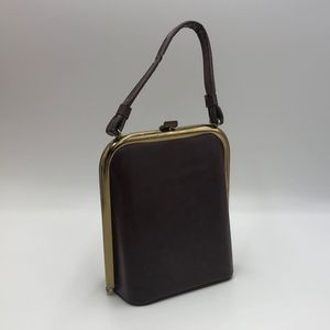 Vintage mini brown handbag with gold metal frame and original vanity mirror